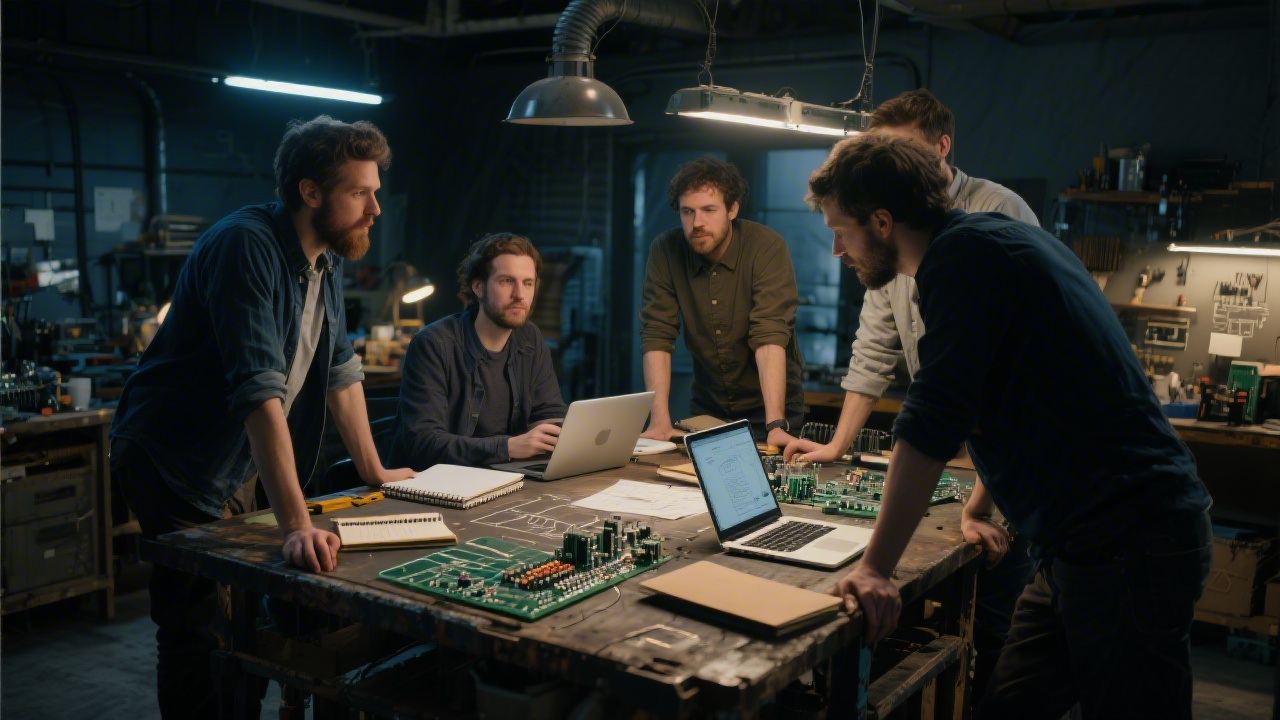 Workshop facilitators and founders gathered around rugged workbench with laptops, notebooks, and circuitry diagrams under dramatic lighting, conveying an intensive digital product forge.
